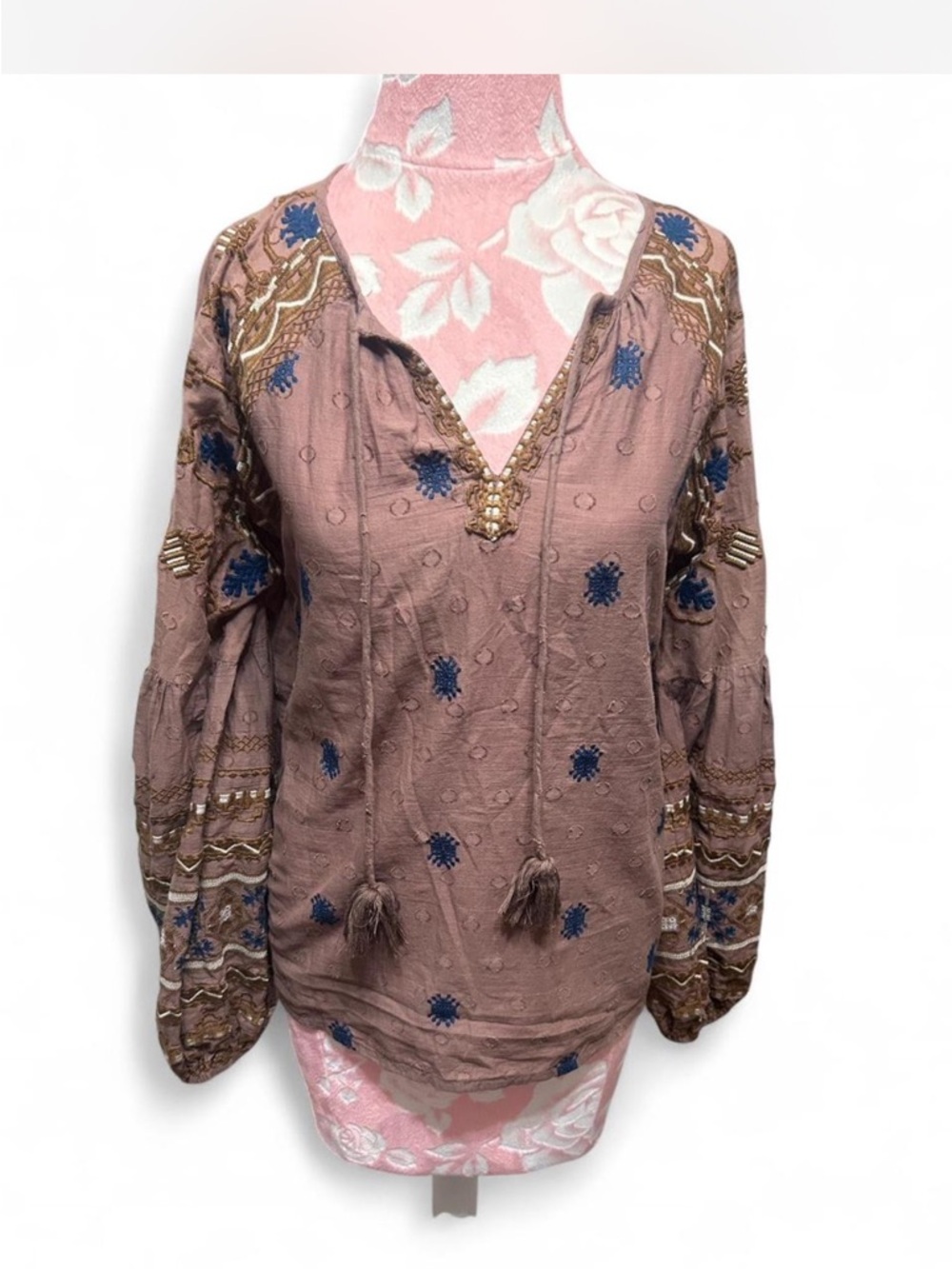 Embroidered Anthro Mauve Peasant Blouse with Tassel Tie